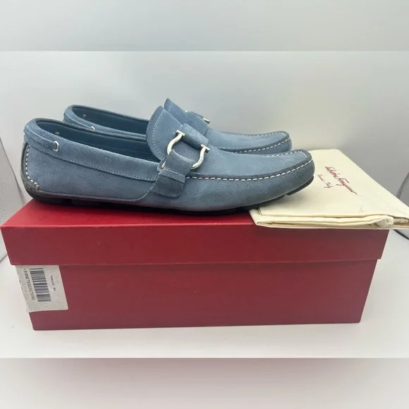Salvatore Ferragamo Men Driving Suede Blue Moccasin Loafers Logo Sz 9 D - Picture 15 of 16
